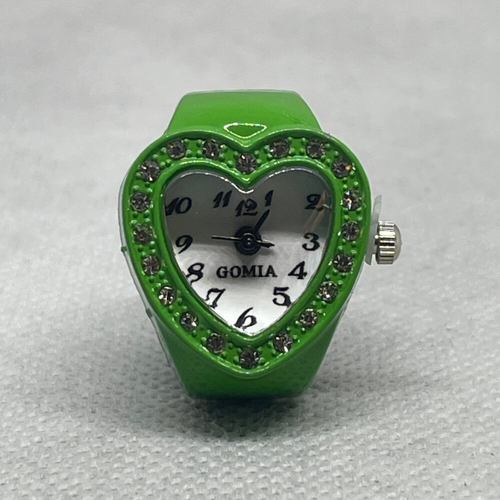 Retro Green Enameled Stainless Steel Stretch Band Ring Watch With Rhinestones